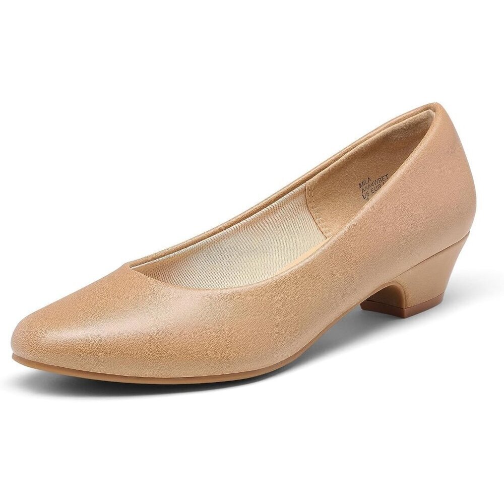 Dream Pairs Women's Nude Pu Closed Pointed Toe Low Chunky Heel Pump Shoes